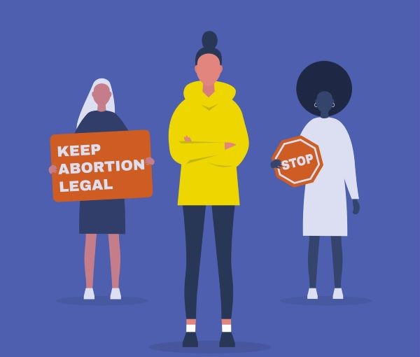 Illustration of 3 people standing in protest, one holding sign that reads "Keep Abortion Legal;" another holding a stop sign