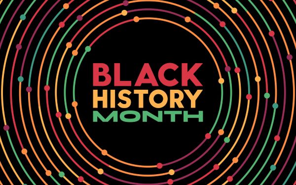Decorative: Colourful concentric circles around graphic text that reads "Black History Month."