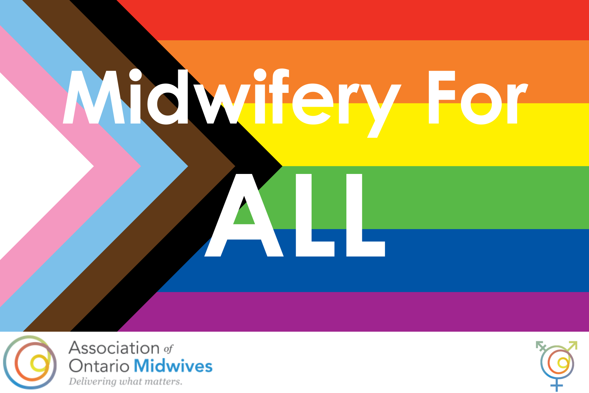 Progress Pride rainbow flag featuring text "MIdwifery for ALL" and AOM logo + AOM gender inclusivity logo