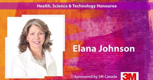 Screenshot from YWCA Women of Excellent award ceremony, featuring image of Elana Johnson Message "Sponsored by 3M Canada"