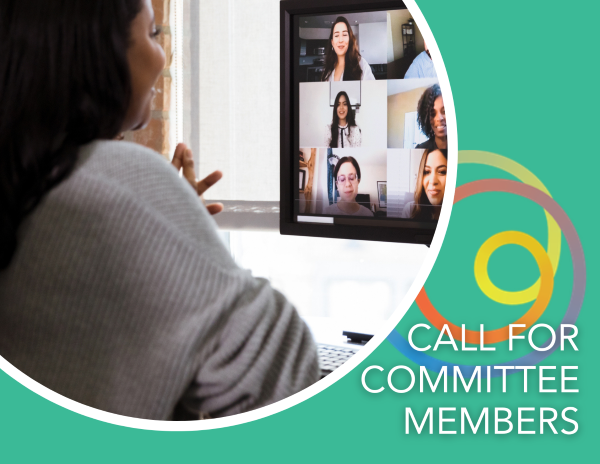 Graphic featuring a picture of a person sitting in front of a computer screen during a virtual meeting, as well as the text "Call for committee members" and the AOM logo