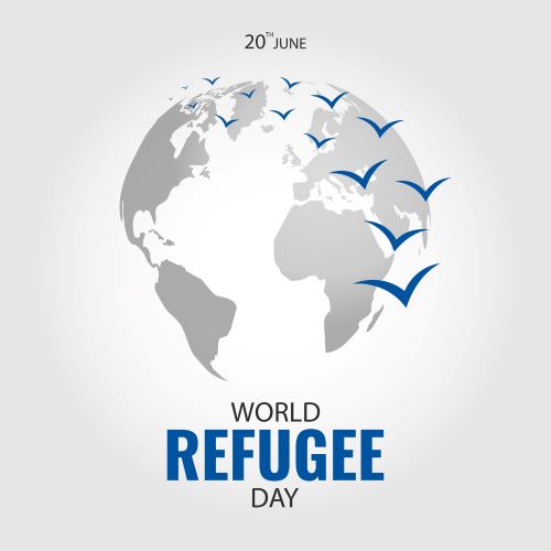 Globe with flying blue bird icons surrounding it and text "June 20 World Refugee Day"