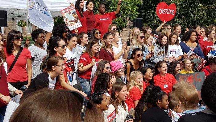 Midwives and supporters rally outside Queen's Park to celebrate H-R-T-O interim decision in midwives' favour.