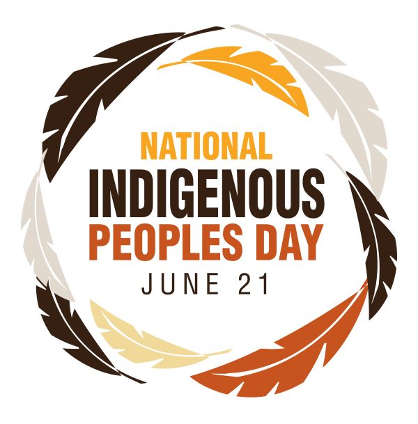 Text surrounded by brown, yellow, orange and cream feathers. Text reads "National Indigenous Peoples Day June 21"