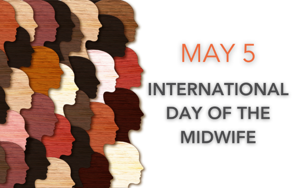 Paper cutouts of people in various skin tones, with graphic text that reads, "May 5 International Day of the Midwife."