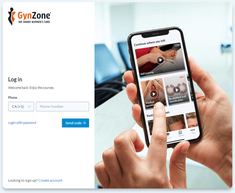 On the left, a login screen with the text "Log In" and a blue rectangular button with text "Send Code". On the right, an image of a person using the GynZone app on a smartphone screen.