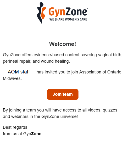 The GynZone orange and black logo appears above text reading "Welcome!" and an orange button labelled "Join Team"