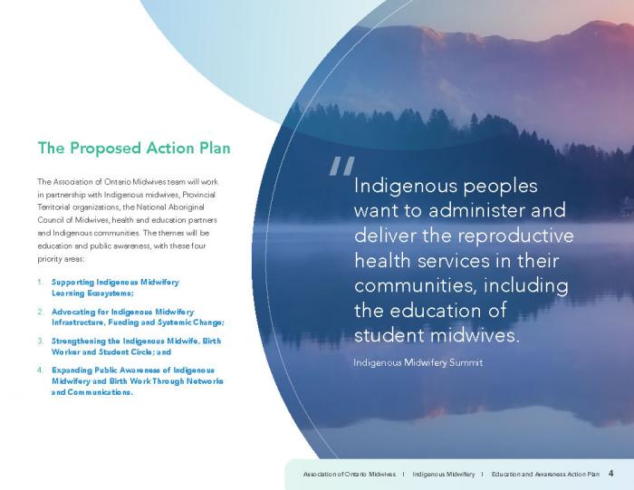 Page 4 from Indigenous Midwifery Action Plan, depicting Canadian landscape as background to text.