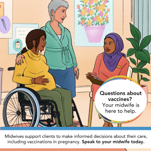 Midwife talking to pregnant client in wheelchair and family member.