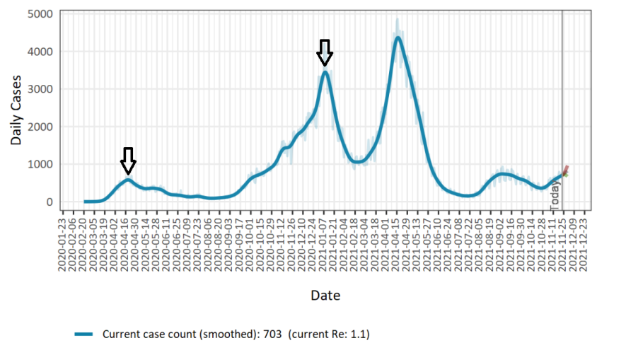 Graph depicting daily confirmed cases of COVID-19 in Ontario by date, from January 23, 2020, to November 25, 2021. The first two waves of peak COVID-19 cases are indicated on the graph, showing peaks in April 2020 and January 2021.