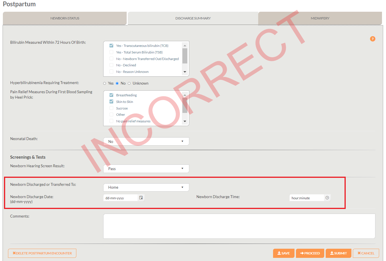 Postpartum child - incorrect response for home birth